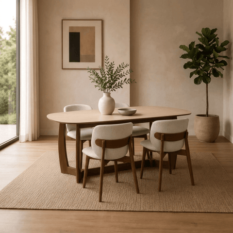 Shop the Portofino 180cm natural stone dining table with 4 or 6 cream chenille chairs. Elegant walnut-effect frames and premium contemporary styling.