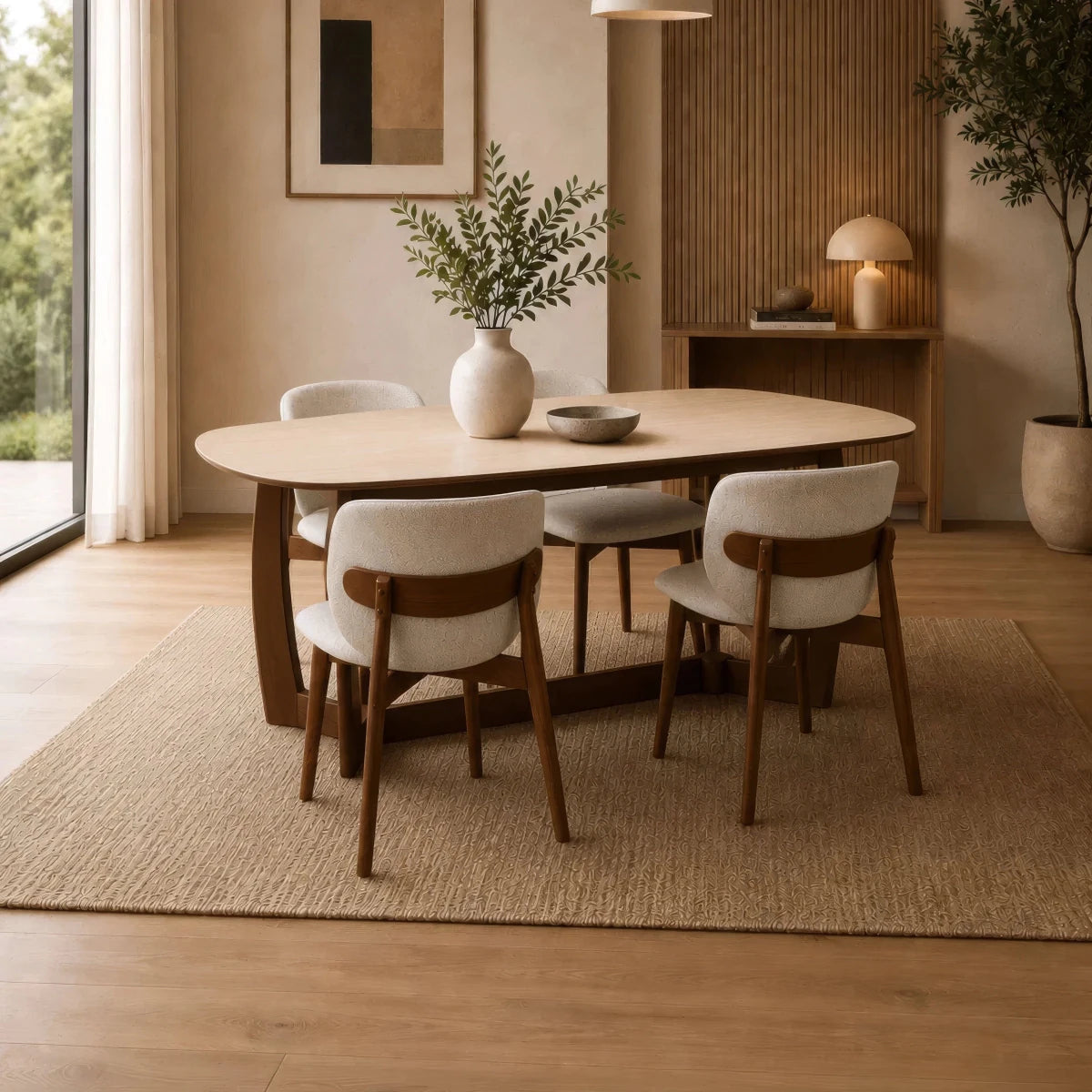 Portofino 180cm dining table with a luxurious natural stone top, sculptural walnut-effect base and rounded edges styled with 4 Dining Chairs in a Room