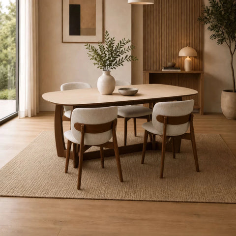 Portofino 180cm dining table with a luxurious natural stone top, sculptural walnut-effect base and rounded edges styled with 4 Dining Chairs in a Room