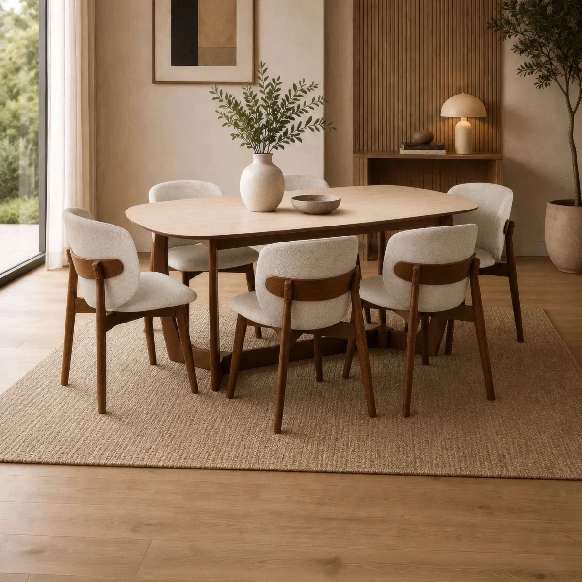 Portofino 180cm dining table with a luxurious natural stone top, sculptural walnut-effect base and rounded edges Styled with 6 Matching Dining Chairs in a room