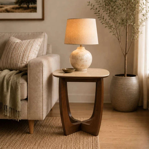 Portofino Natural Stone & Walnut Side Table – 50cm