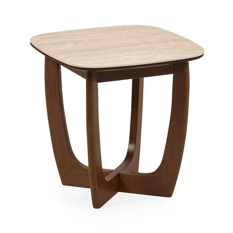 Portofino Natural Stone & Walnut Side Table – 50cm