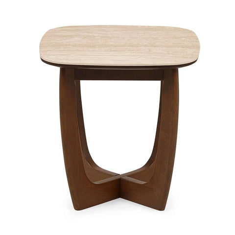 Portofino Natural Stone & Walnut Side Table – 50cm