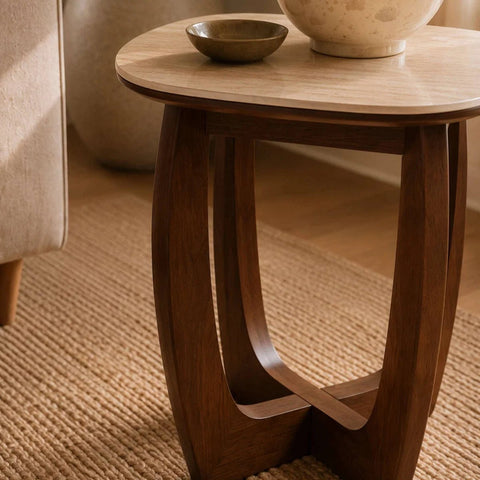 Portofino Natural Stone & Walnut Side Table – 50cm