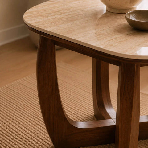 Portofino Natural Stone & Walnut Side Table – 50cm