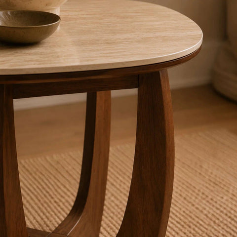 Portofino Natural Stone & Walnut Side Table – 50cm