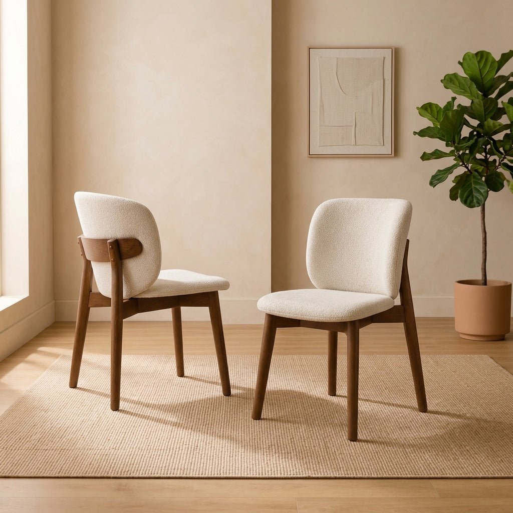 Shop Portofino cream chenille dining chairs, set of 4. Featuring padded curved backs, walnut-effect wooden frames and elegant contemporary styling.