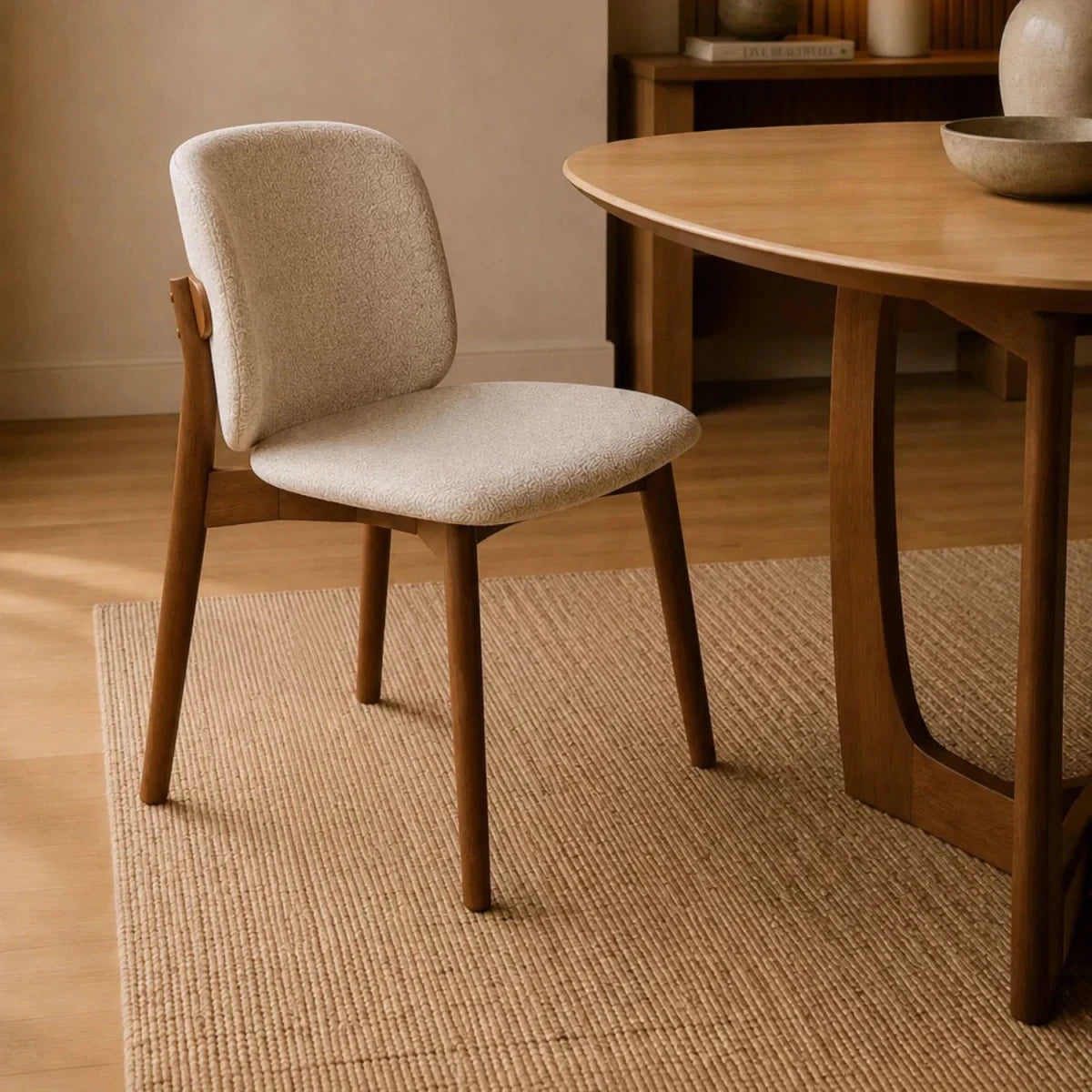 Portofino cream chenille dining chairs, set of 4. Featuring padded curved backs, walnut-effect wooden frames and elegant contemporary styling.