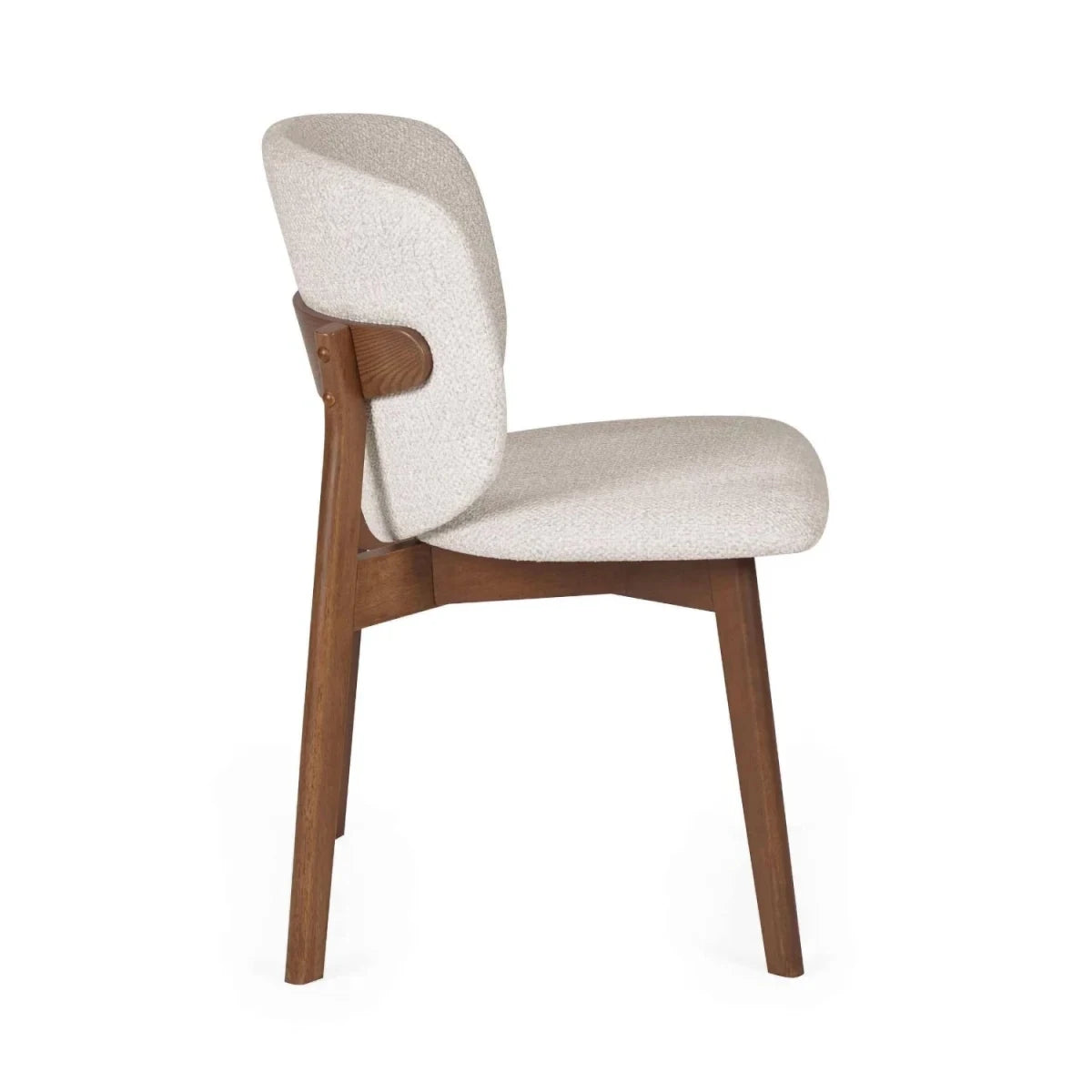 Side view of Portofino cream chenille dining chair Featuring padded curved backs, walnut-effect wooden frames and elegant contemporary styling.