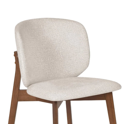 Back Rest Close up of Portofino cream chenille dining chair Featuring padded curved backs, walnut-effect wooden frames and elegant contemporary styling.