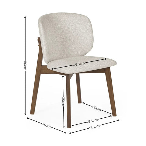 Shop Portofino cream chenille dining chairs, set of 4. Featuring padded curved backs, walnut-effect wooden frames with Dimensions displayed on white background