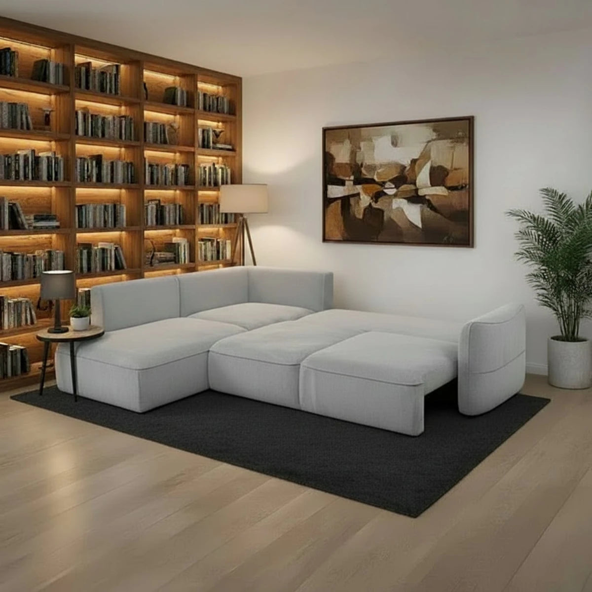 Polly silver fabric corner sofa bed with hidden storage, lift-and-pull bed mechanism and storage