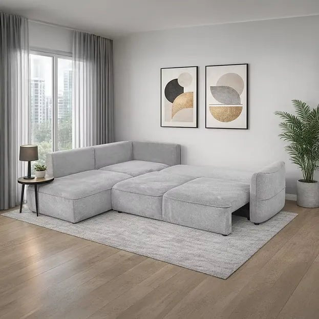 Polly silver fabric corner sofa bed with hidden storage, lift-and-pull bed mechanism 