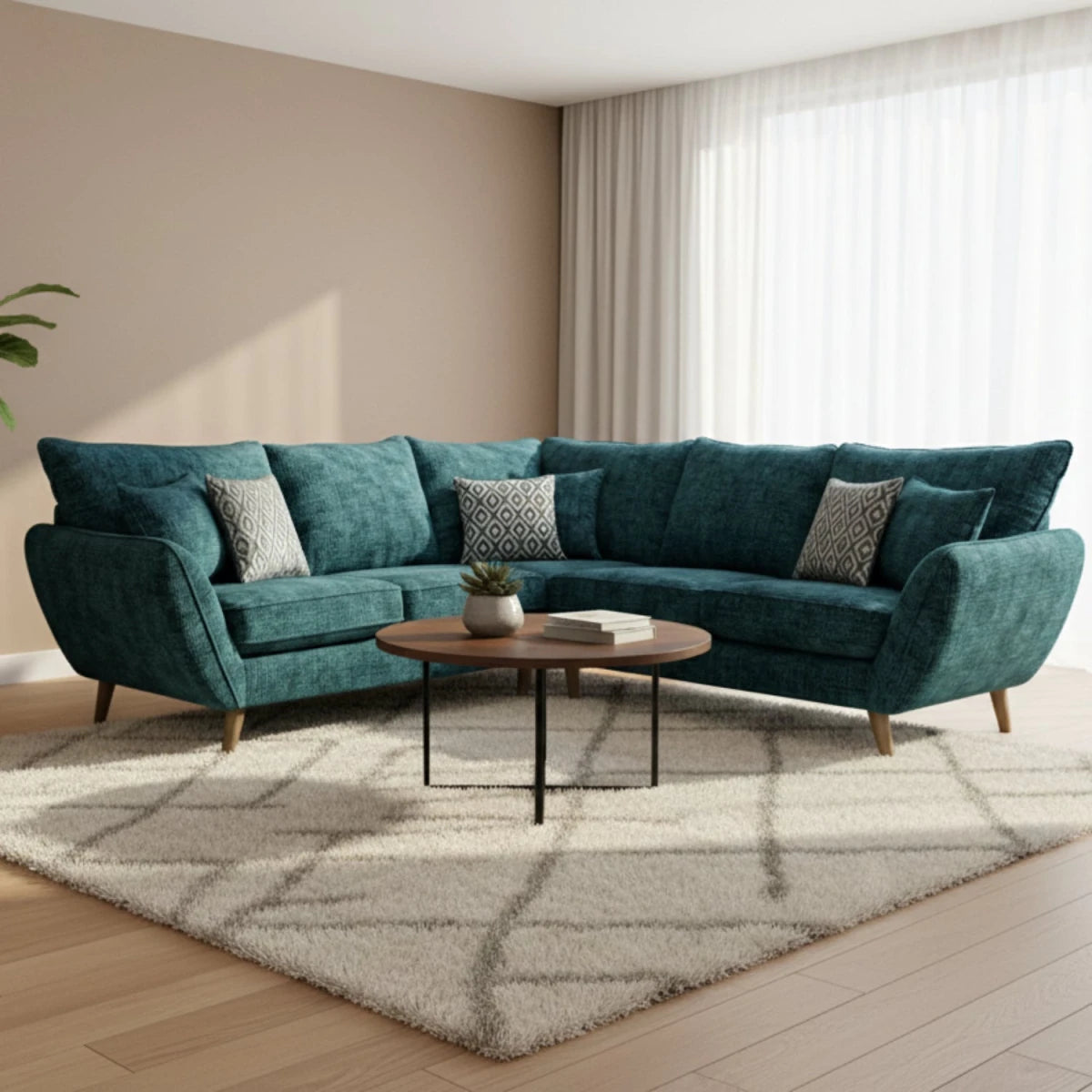 Large L-shaped sofa with high back and modern design.