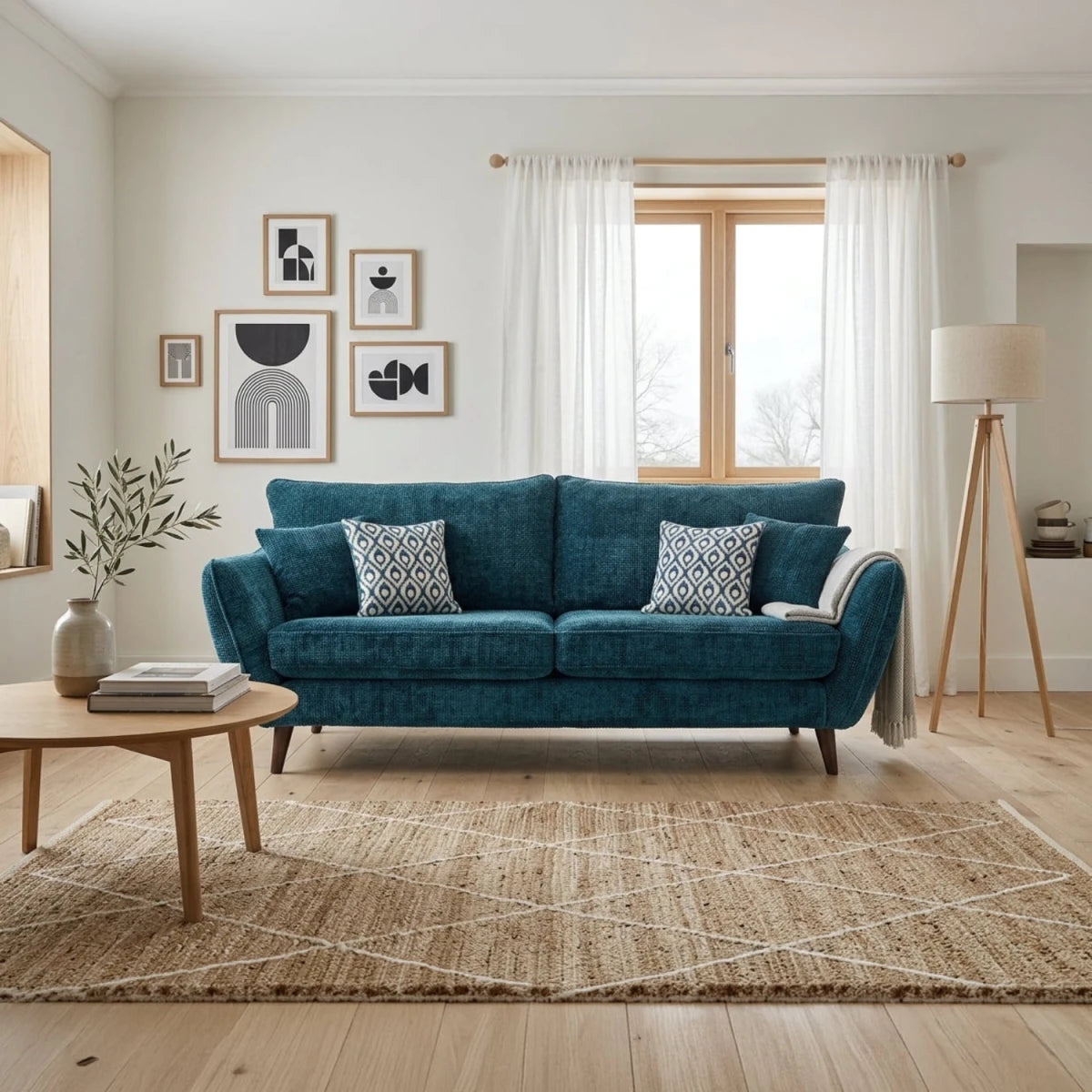 Cozy two-seater sofa with soft fabric and Scandinavian style.
