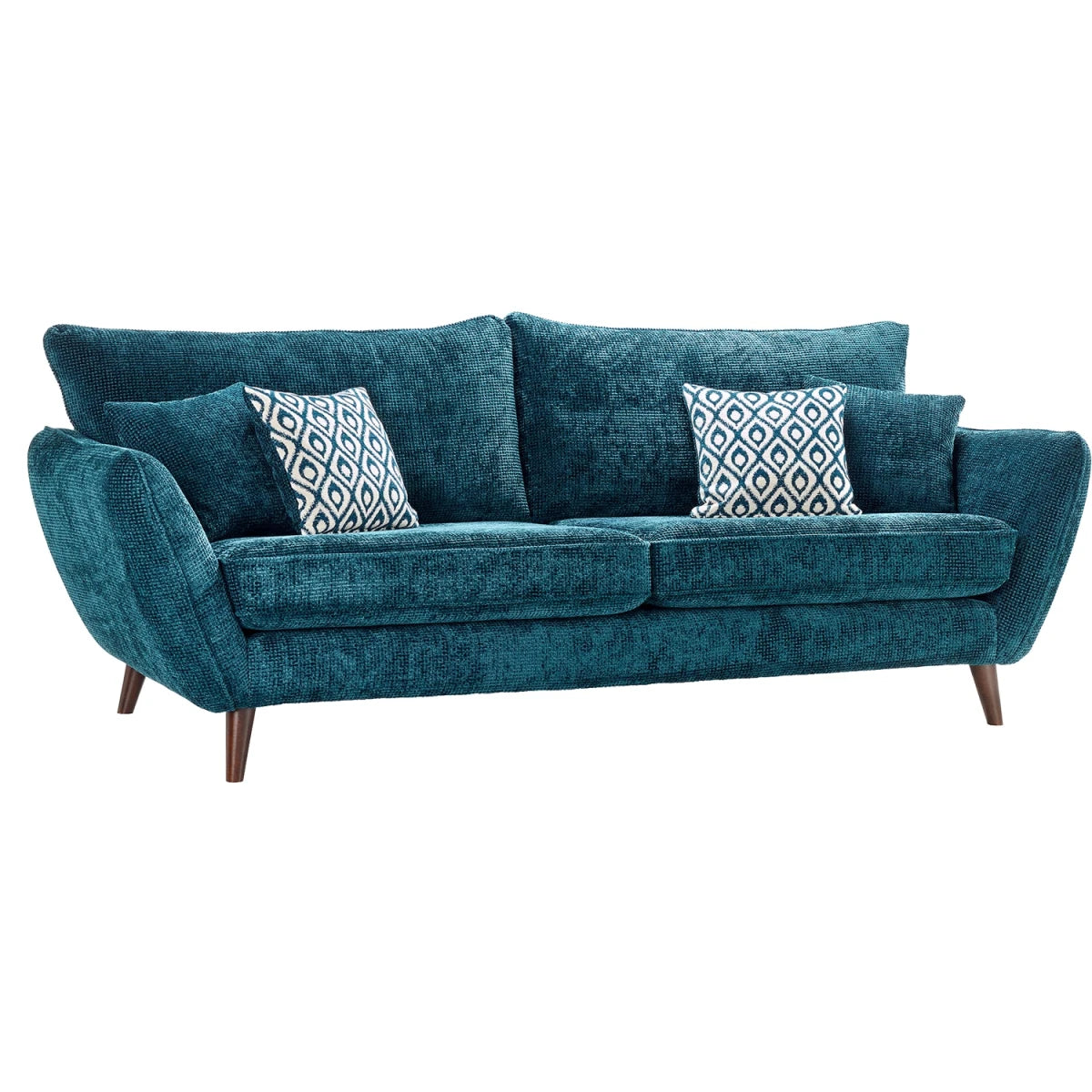 Small fabric sofa with angled arms and velvet cushions.