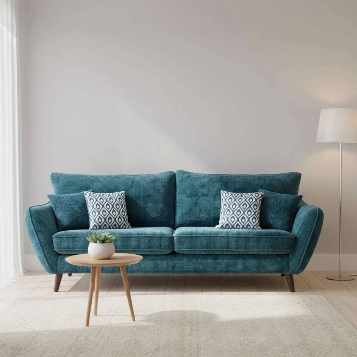 Modern 3 seater fabric sofa in neutral  with Scandinavian styling.