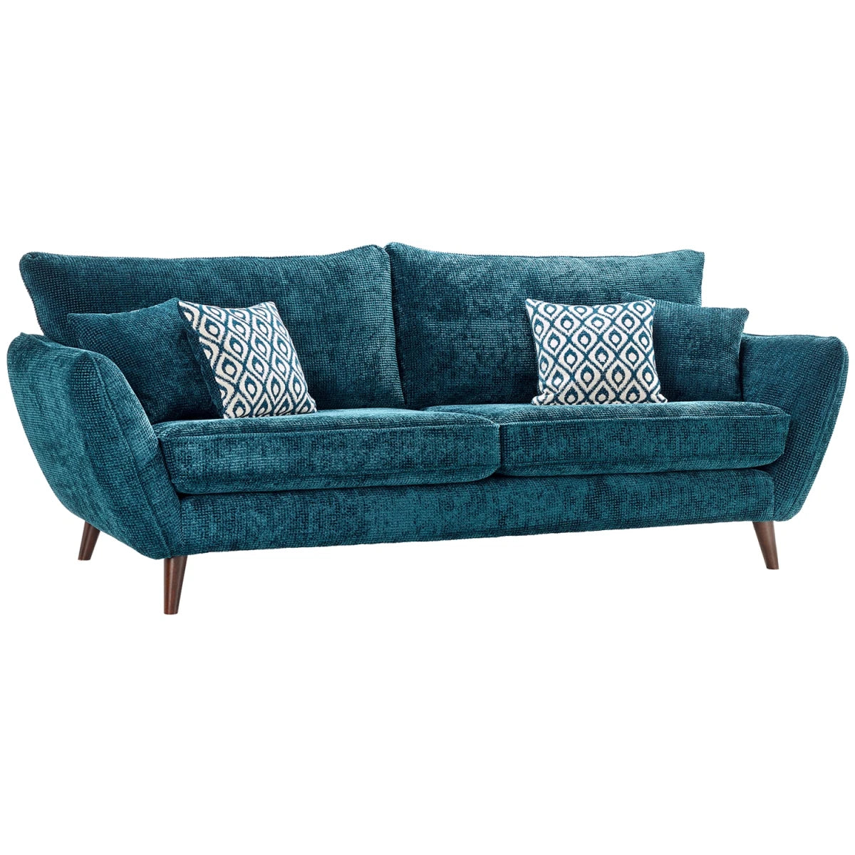 Comfortable three-seater sofa with high back support and walnut finish legs.