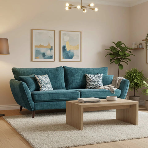 Scandi-style 3 seater sofa with angled arms and neutral fabric.