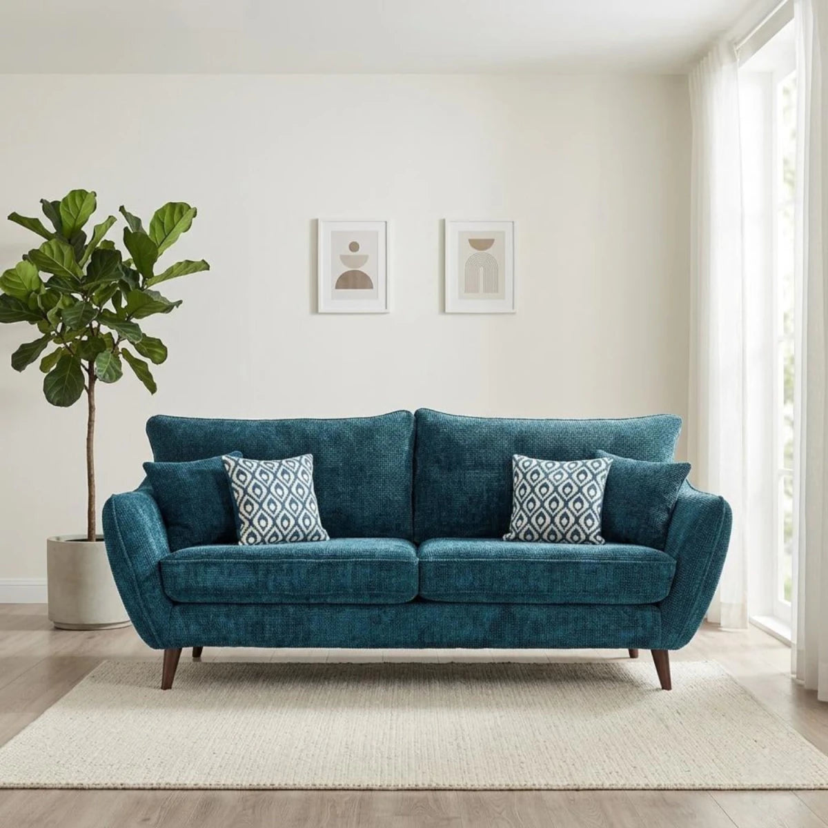 Contemporary four-seater sofa in neutral tone with wooden feet.