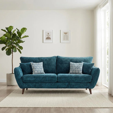 Contemporary four-seater sofa in neutral tone with wooden feet.