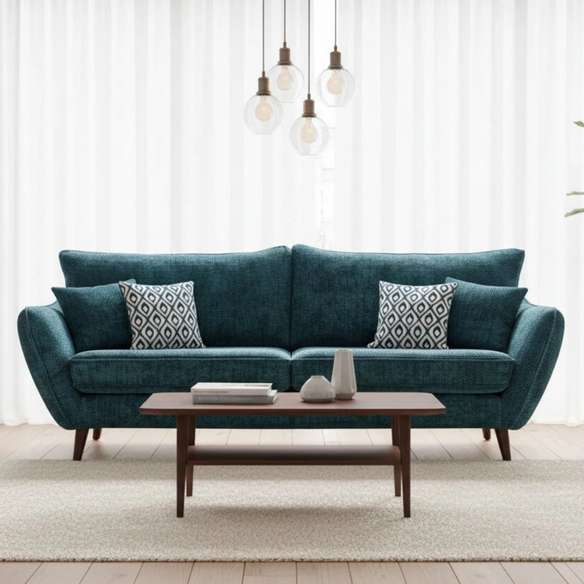 Large four-seater sofa with high back and Scandinavian design.
