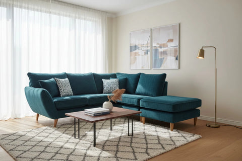 Comfortable fabric armless chaise with plush cushions and clean lines.