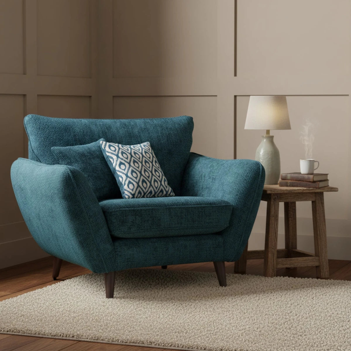 Scandi-style single chair in neutral colour upholstery.