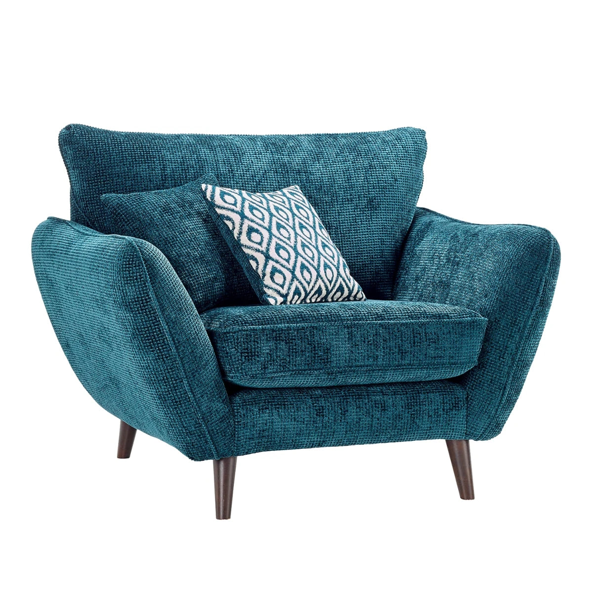 Modern armchair with velvet cushion and walnut finish legs.