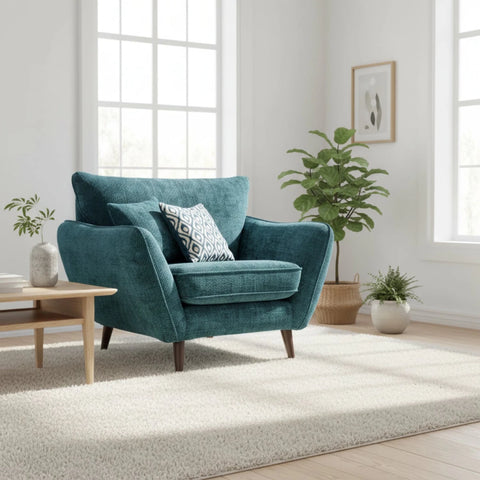 Modern armchair with high back and velvet cushion.