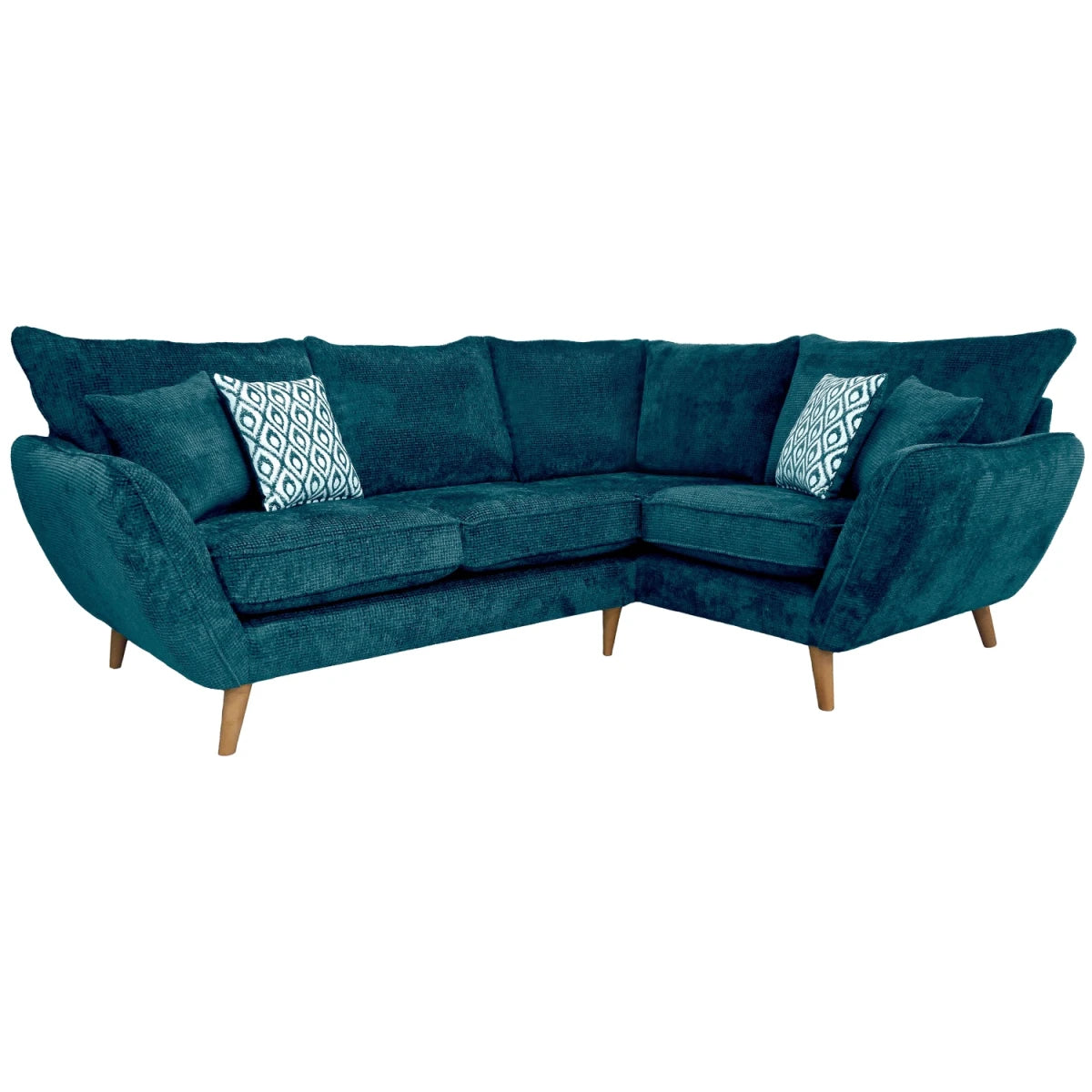 Modern chaise lounge sofa with wooden legs and soft cushions.