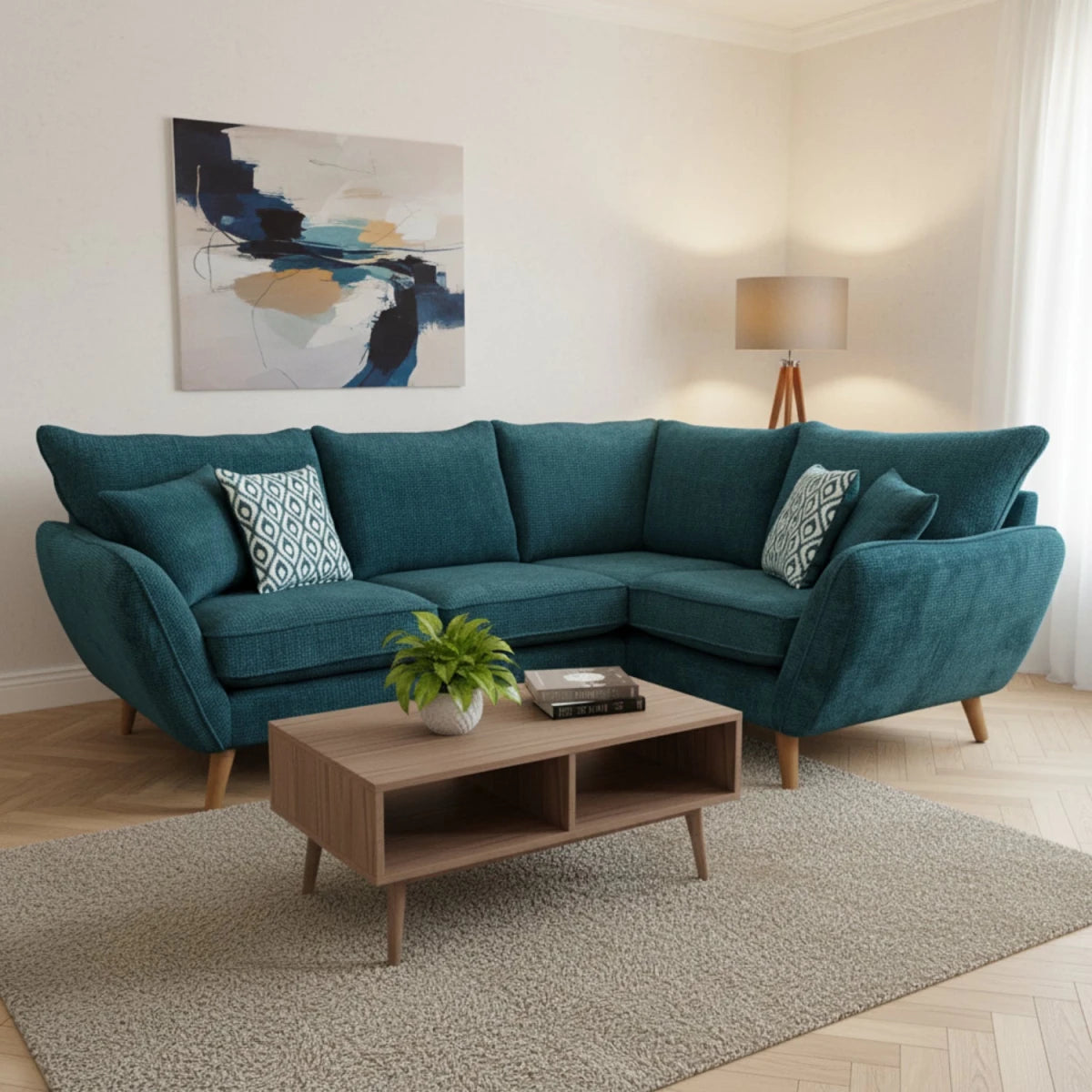 Modern chaise lounge sofa with wooden legs and soft cushions.