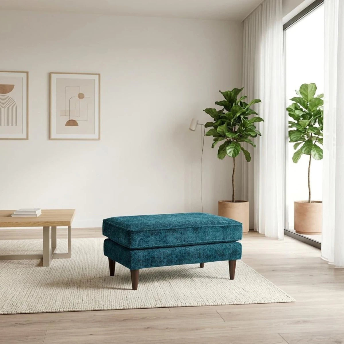 Matching fabric footstool with wooden legs in oak finish.