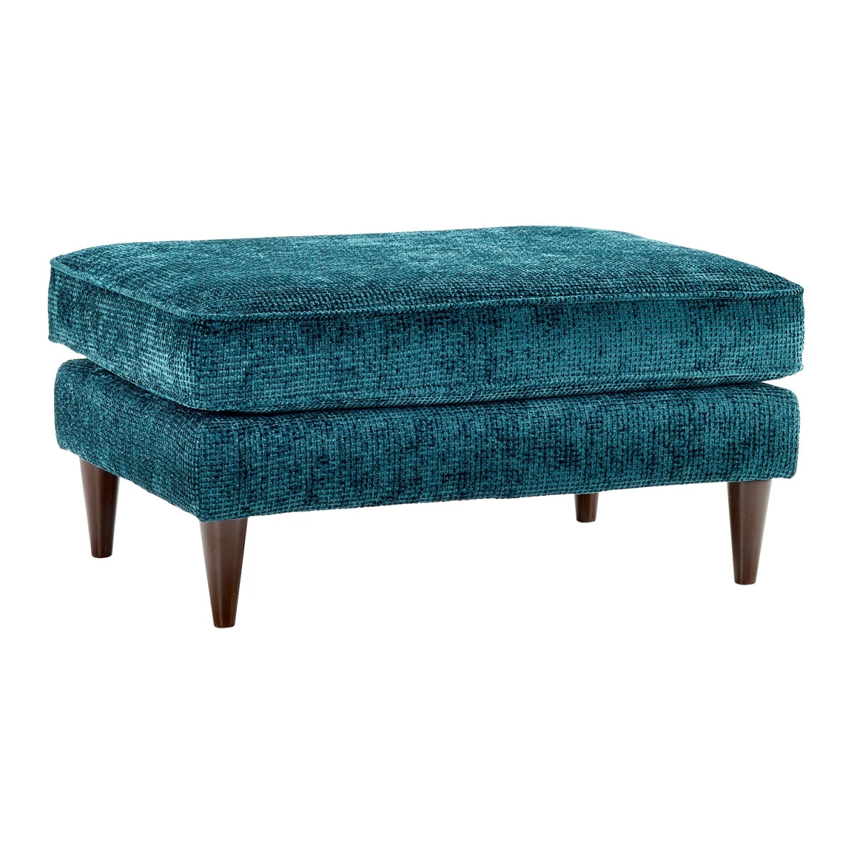 Matching fabric footstool with wooden legs in oak finish.