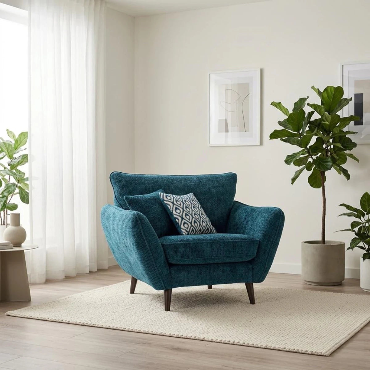 Modern love chair with soft upholstery and angled arms.