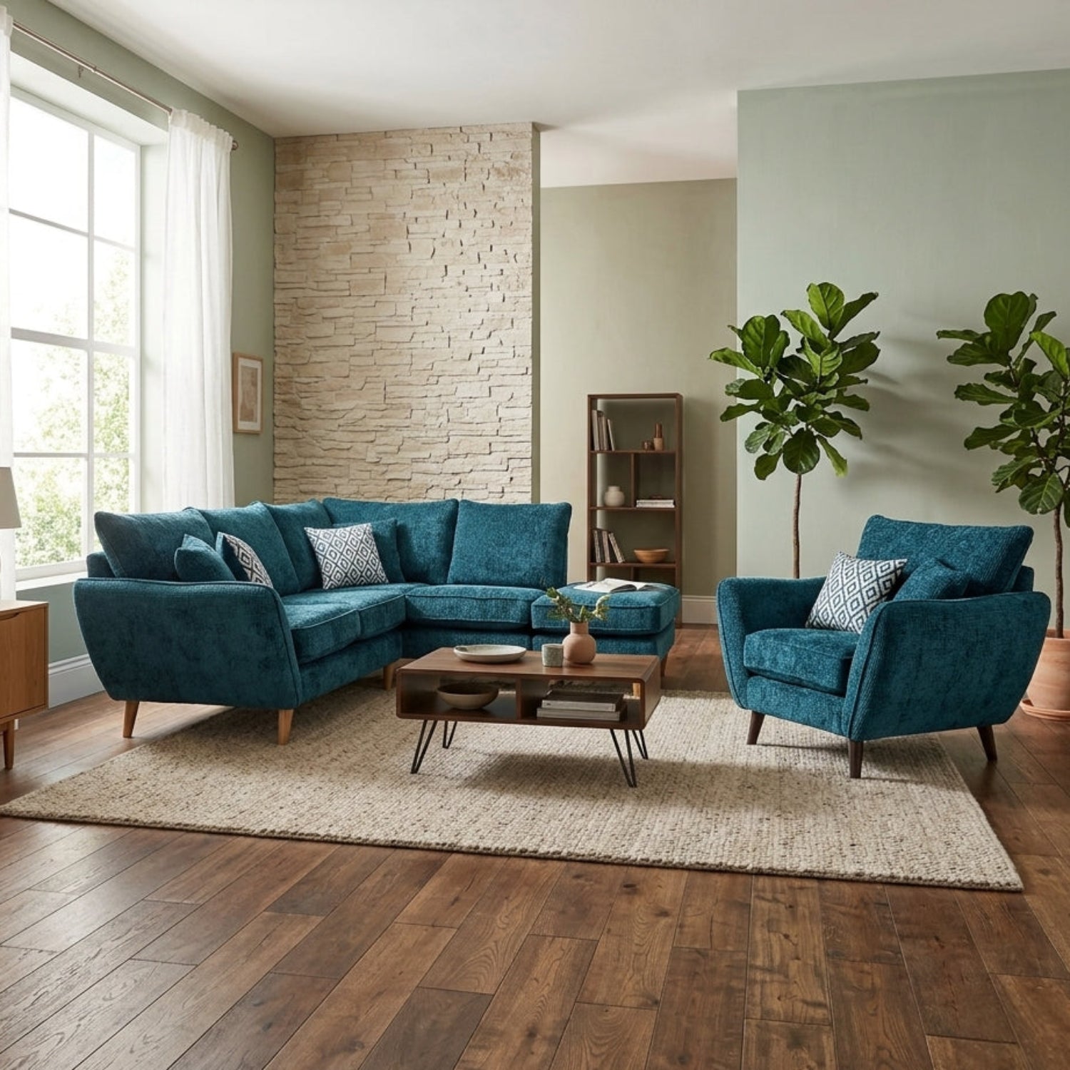 Modern armless chaise and accent chair combination with wooden legs.