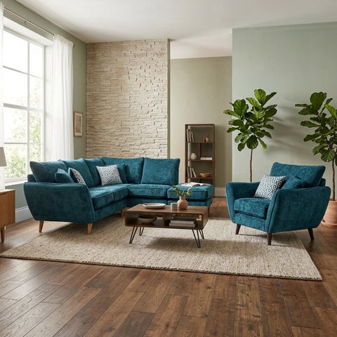 Modern armless chaise and accent chair combination with wooden legs.