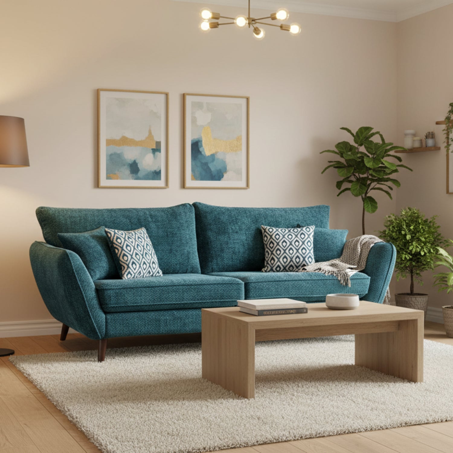 Modern three-seater sofa with wooden legs and velvet cushions.