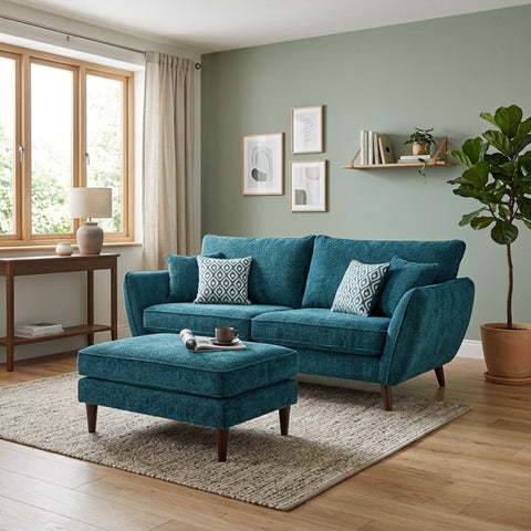 Modern 2 seater sofa with coordinated footstool and velvet cushions.