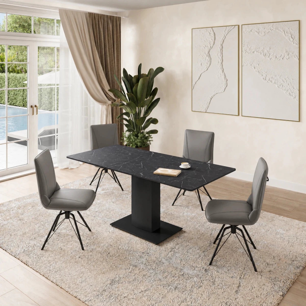 A modern dining set featuring a rectangular black marble-top table with a black pedestal base, surrounded by four gray upholstered swivel chairs with black metal legs, set on a light beige shag rug in a bright dining room.