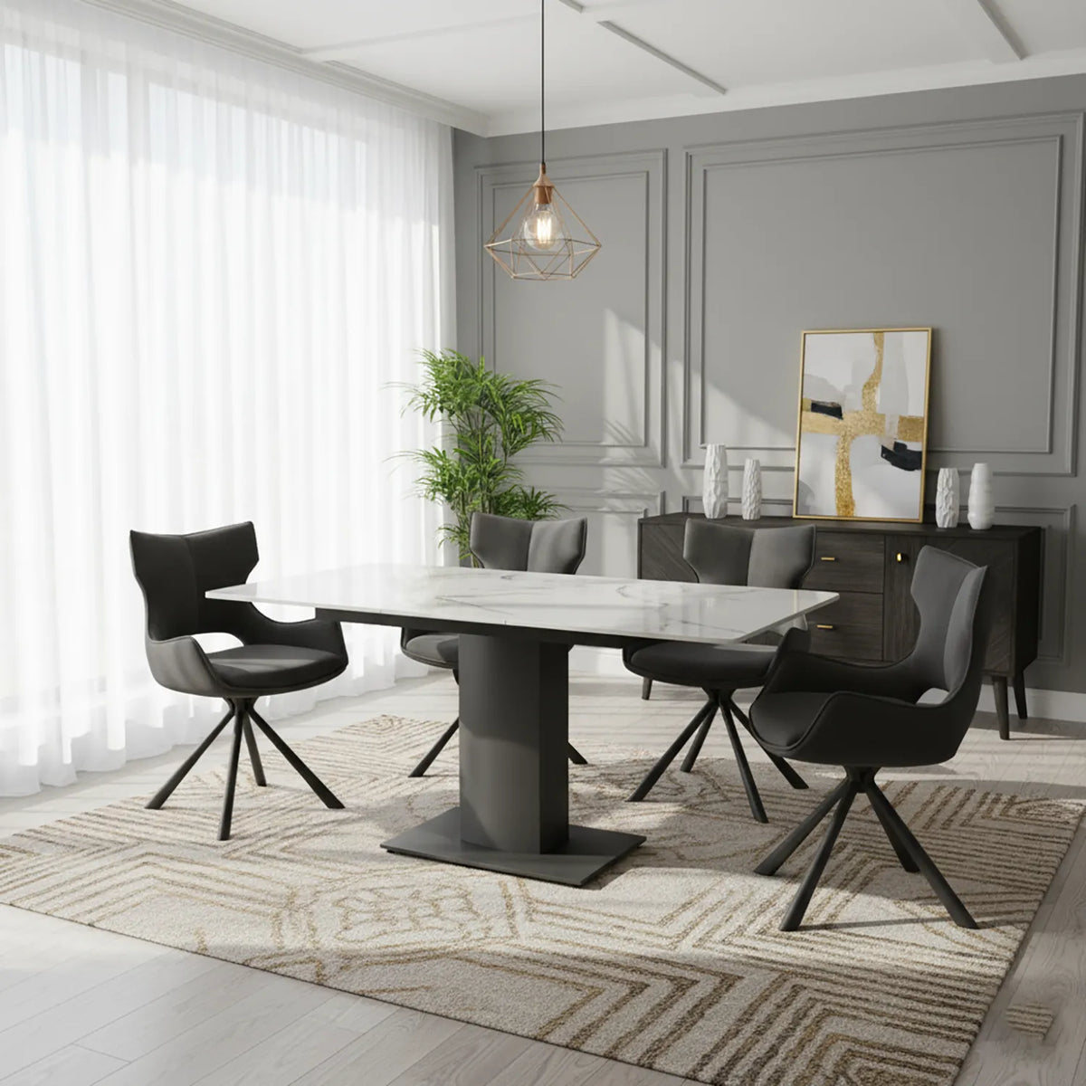 Pavoni White Ceramic Ext Dining Table with 4 Tripoli Grey Fabric Chairs - Pendle Village Furniture
