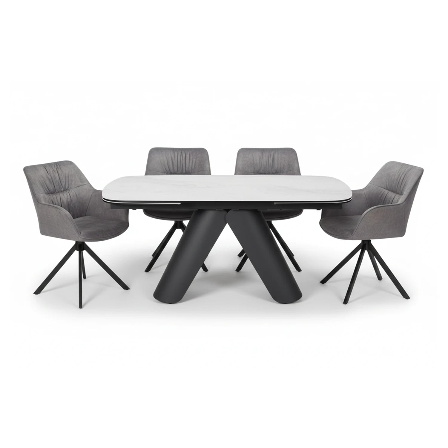 Pearl White Ceramic Extending Dining Table with 6 Comic Fabric Swivel Dining Chairs