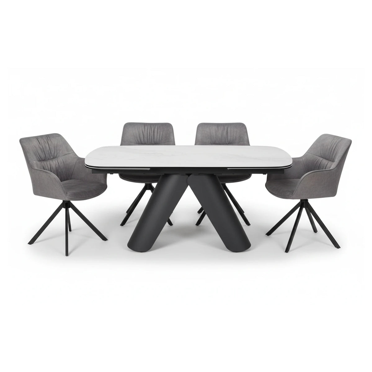 Pearl White Ceramic Extending Dining Table with 6 Comic Fabric Swivel Dining Chairs