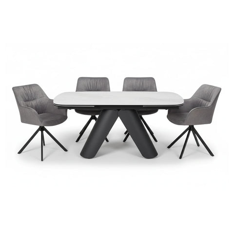 Pearl White Ceramic Extending Dining Table with 6 Comic Fabric Swivel Dining Chairs