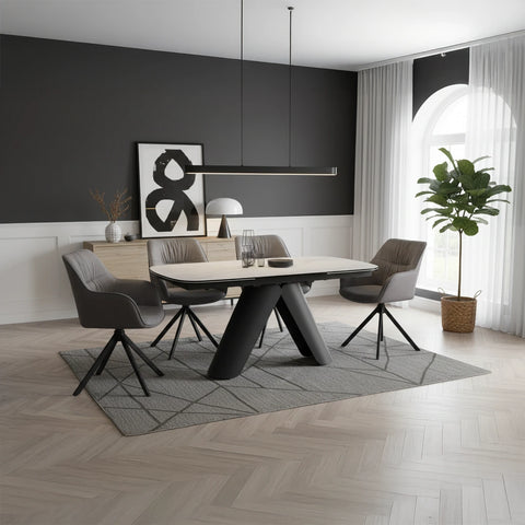 Luxury Pearl ceramic extending dining table with 6 Comic velvet swivel chairs. Italian ceramic, durable surface, and stylish modern seating for elegant dining.