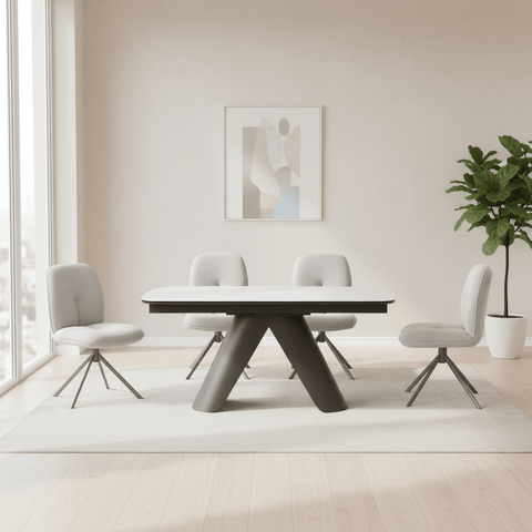 Pearl Extending Dining Table with 4 Perla Swivel Fabric Dining Chairs