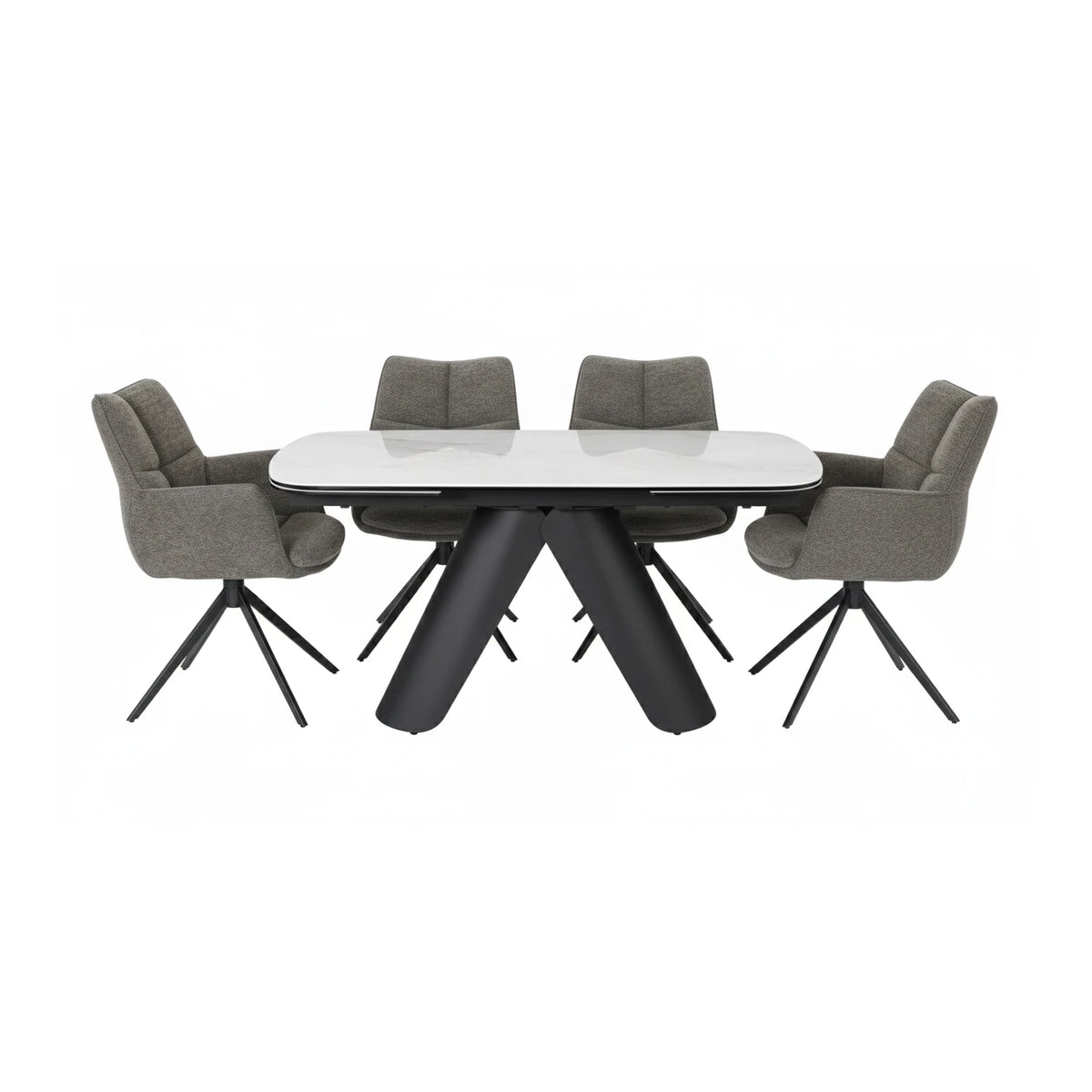 Luxury Pearl ceramic extending dining table with 6 swivel chairs. Italian ceramic top, black base, soft fabric seats and auto-return mechanism.