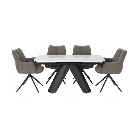 Luxury Pearl ceramic extending dining table with 6 swivel chairs. Italian ceramic top, black base, soft fabric seats and auto-return mechanism.
