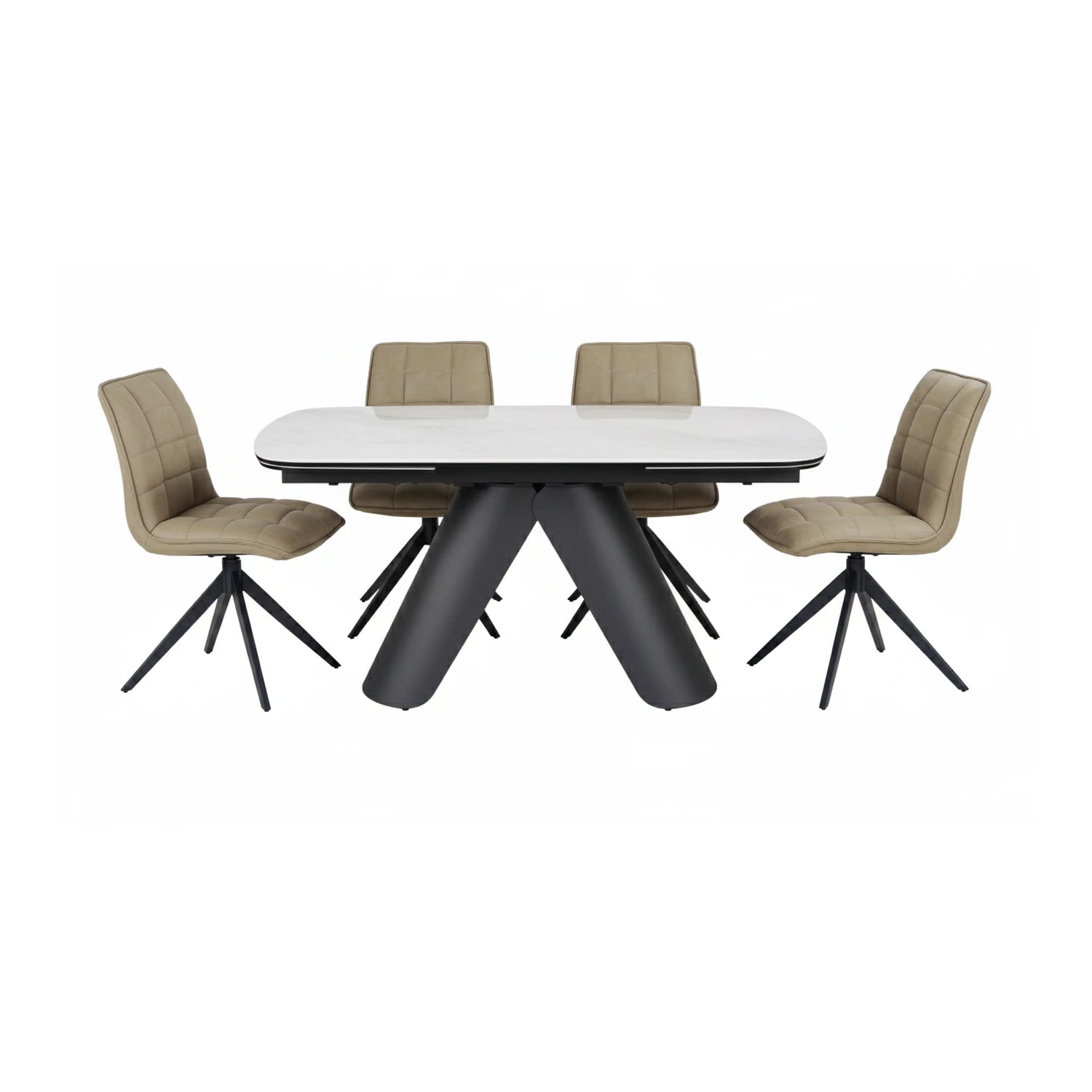Pearl White Ceramic Extending Dining Table with 6 Warrior Taupe Swivel Dining Chairs - Pendle Village Furniture