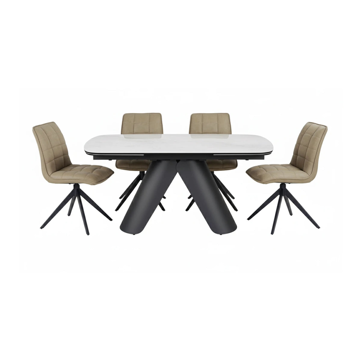 Pearl White Ceramic Extending Dining Table with 6 Warrior Taupe Swivel Dining Chairs - Pendle Village Furniture